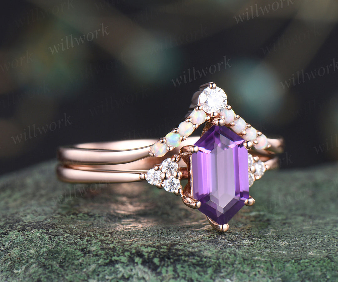 Natural Amethyst engagement ring set unique elongate hexagon amethyst ring art deco curved v wedding band promise ring bridal set handmade jewelry gifts