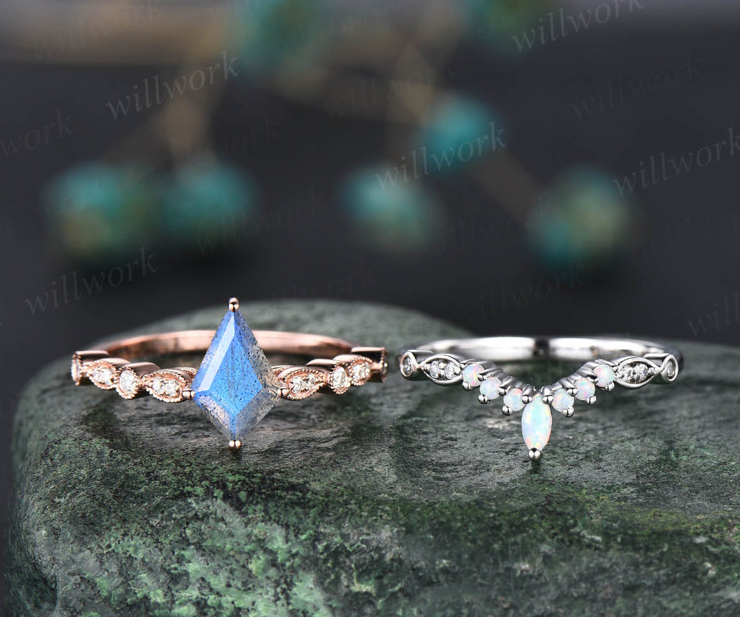 Vintage kite cut blue Labradorite engagement ring set diamond half eternity band art deco opal band bridal ring set anniversary gifts