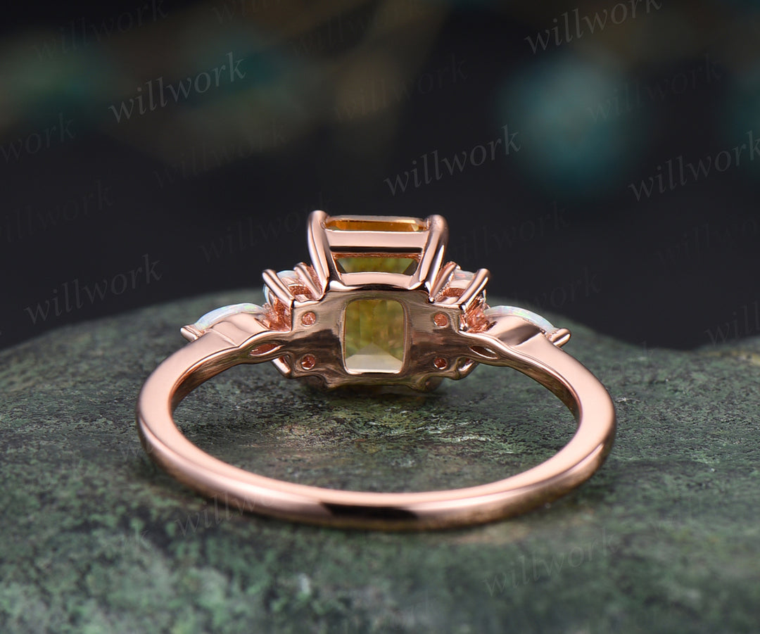Natural citrine engagement ring unique emerald cut yellow cirrine ring November birthstone art deco opal ring for women jewelry gifts