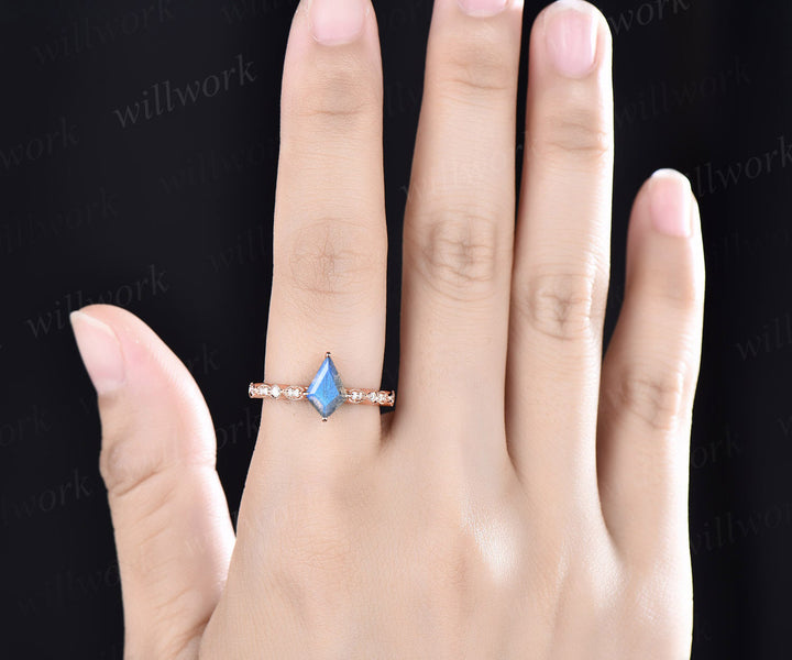 Vintage kite cut blue Labradorite engagement ring set diamond half eternity band art deco opal band bridal ring set anniversary gifts