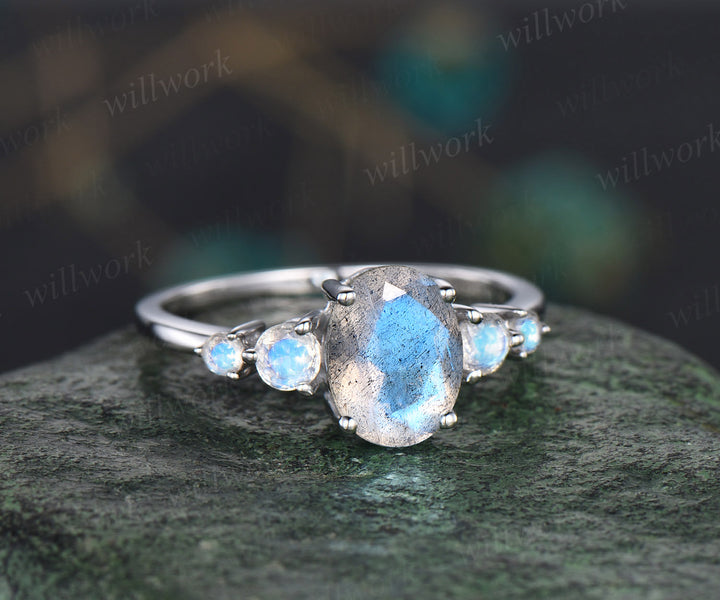Minimalist oval Labradorite engagement ring five stone moonstone ring 14k rose gold bridal ring unique blue gemstone ring for women
