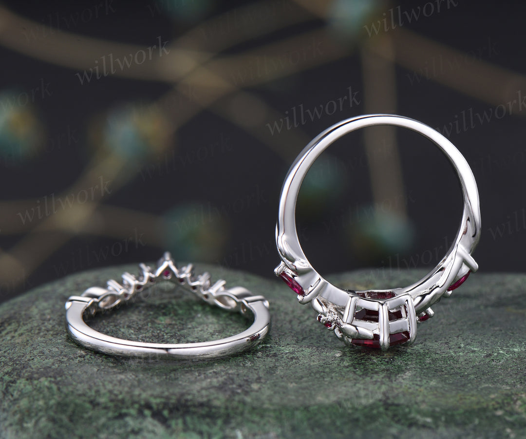 Unique ruby engagement ring set hexagon ruby leaf ring set vintage art deco moissanite wedding band 14k white gold ring for women