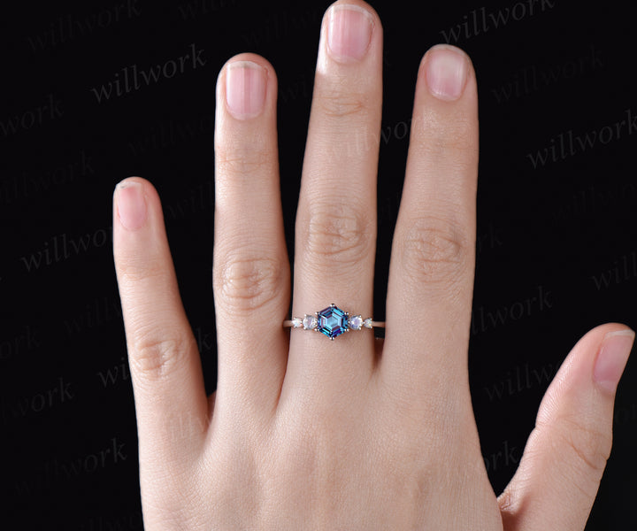 Hexagon alexandrite ring unique color change gemstone engagement ring art deco moonstone ring June birthstone ring promise ring for women
