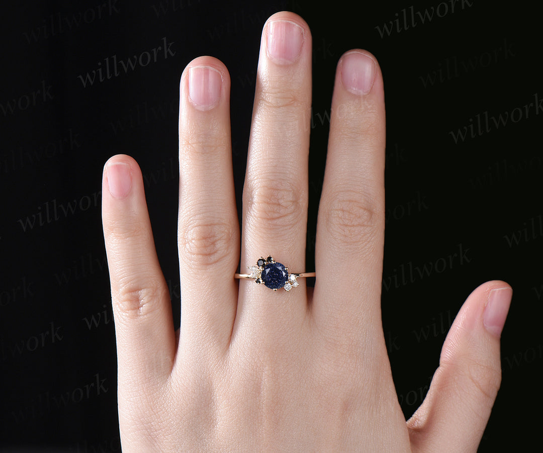 Vintage round cut blue sandstone engagement ring cluster black spinels marquise diamonds ring dainty bridal ring for women