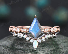 Vintage kite cut blue Labradorite engagement ring set diamond half eternity band art deco opal band bridal ring set anniversary gifts
