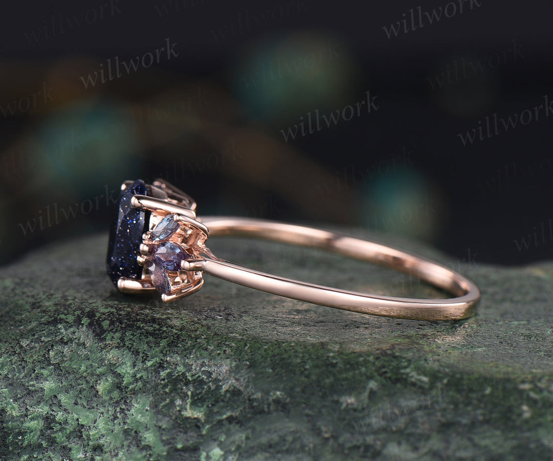 Oval cut blue sandstone engagement ring cluster alexandrite ring unique 14k rose gold 7 stones ring for women bridal gifts