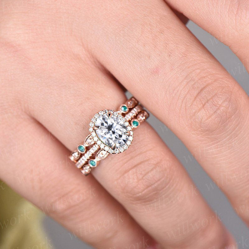 Vintage oval cut moissanites engagement ring set art deco halo diamond ring half eternity natural emeralds diamonds wedding band bridal set gifts for her