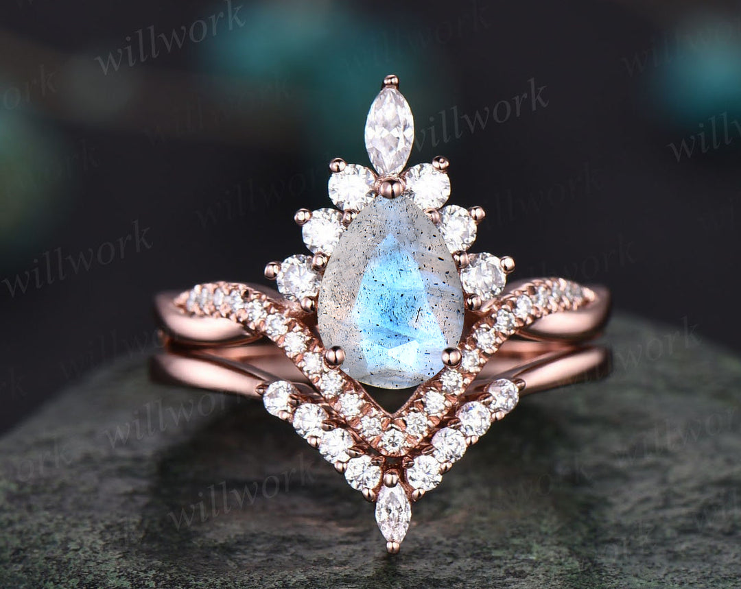 Vintage pear cut blue labradorite engagement ring set art deco