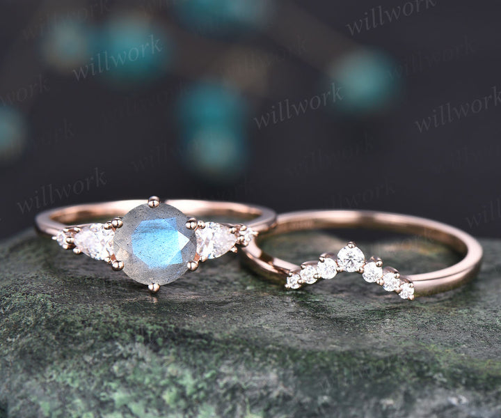 Round cut blue labradorite engagement ring set pear cut moissanite ring crown wedding band unique blue gemstone bridal ring set annivesary gifts