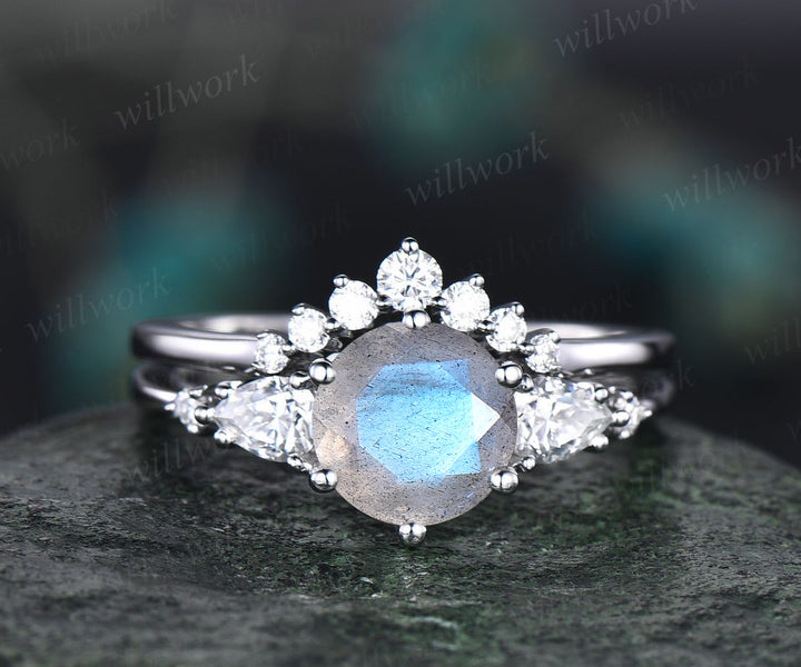 Round cut blue labradorite engagement ring set pear cut moissanite ring crown wedding band unique blue gemstone bridal ring set annivesary gifts