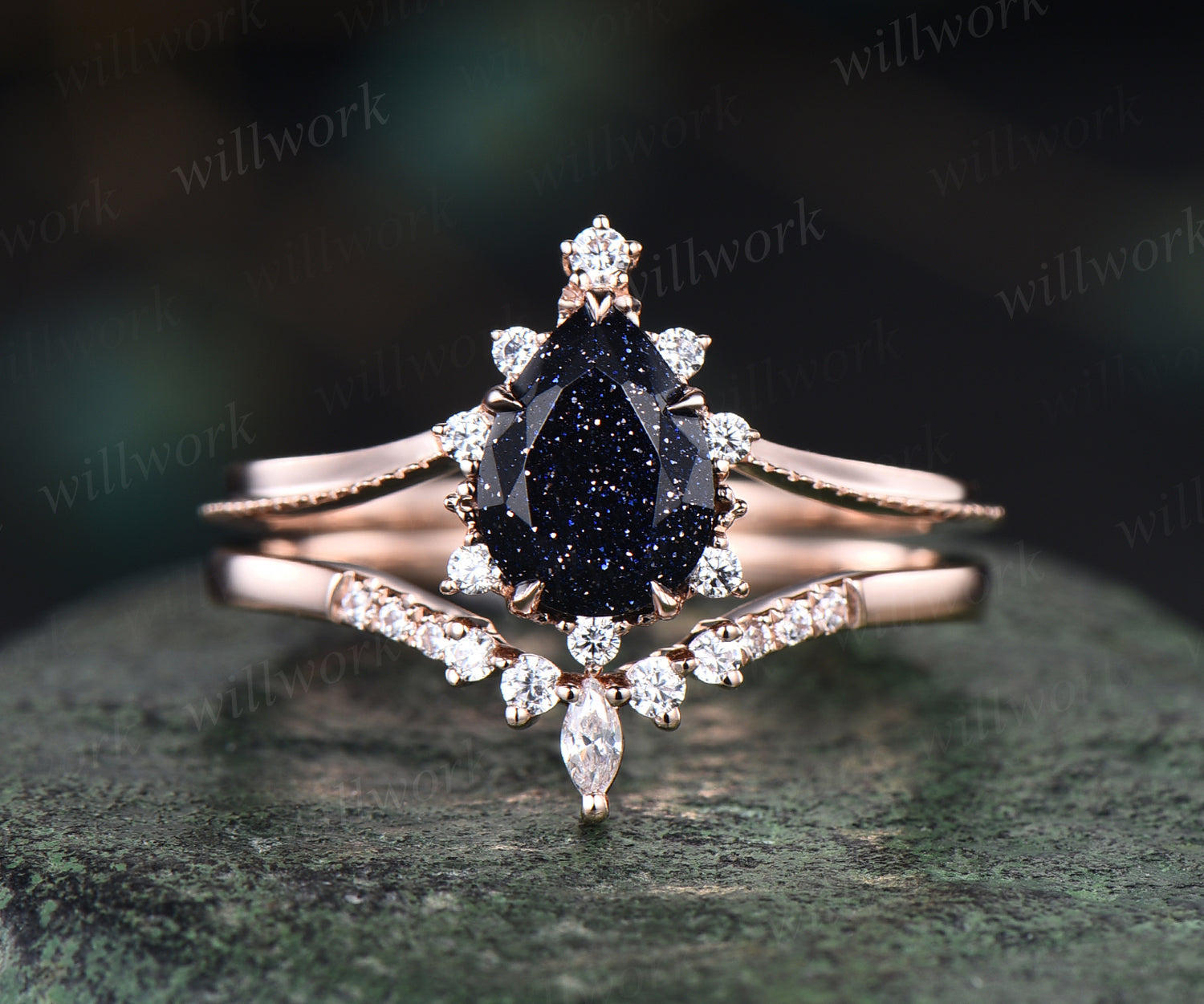 Pear Shape Blue Sandstone Rose Gold Wedding Engagement Ring Set 14k Sterling Silver Curved Diamond popular Matching Band Bridal Anniversary Gift