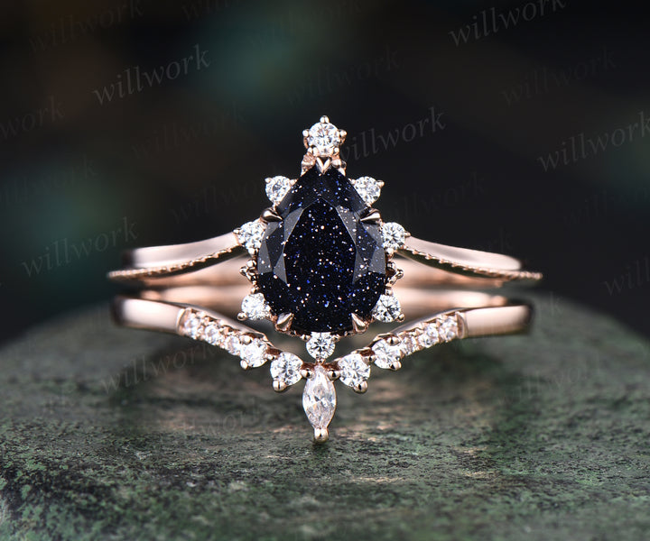 Pear shape blue sandstone engagement ring vintage art deco sandstone ring set solid 14k rose gold moissanite wedding band bridal set jewelry gifts