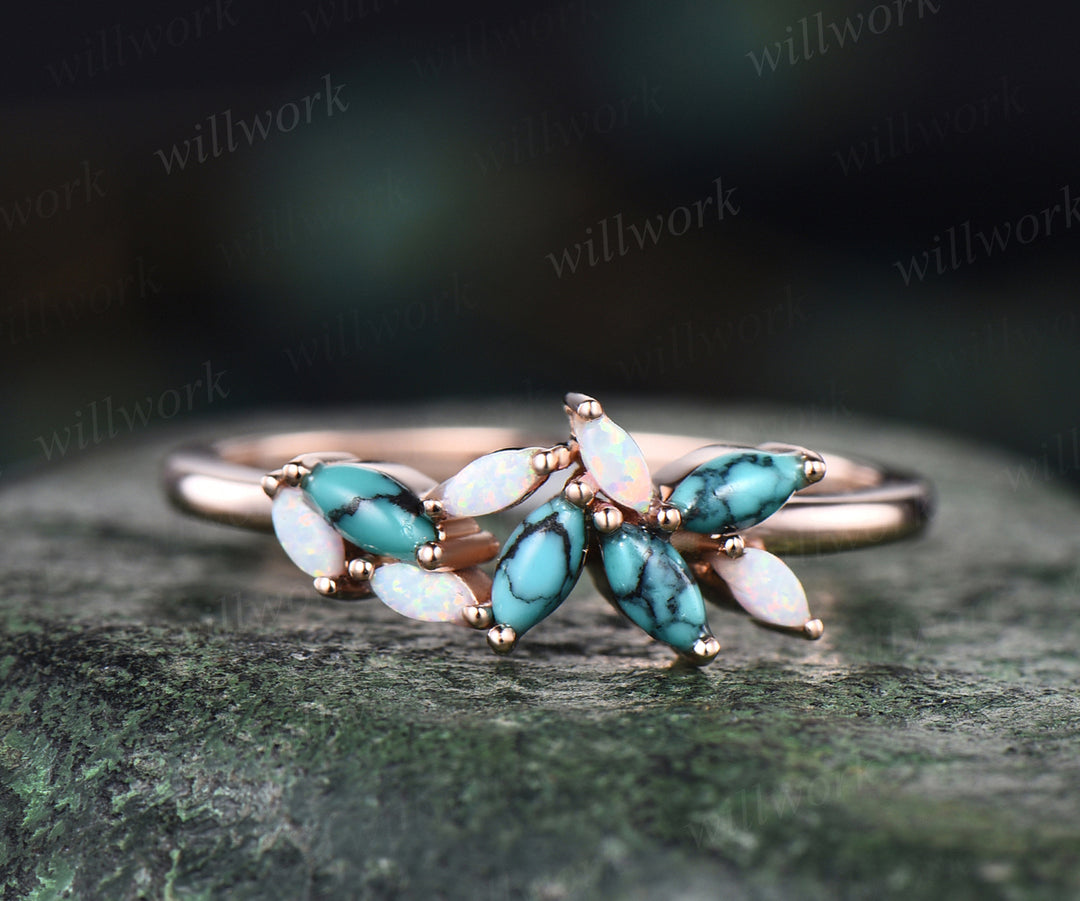 Unique turquoise wedding band opal truquoise ring solid rose gold art deco marqiuse cluster ring stacking ring for women bridal gifts