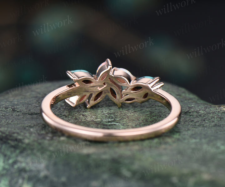 Unique turquoise wedding band opal truquoise ring solid rose gold art deco marqiuse cluster ring stacking ring for women bridal gifts