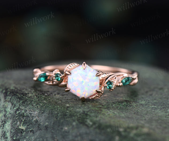 Unique hexange shape opal engagement ring twig emerald ring solid 14k rose gold nature inspired art deco marquise emerald ring October birthstone ring