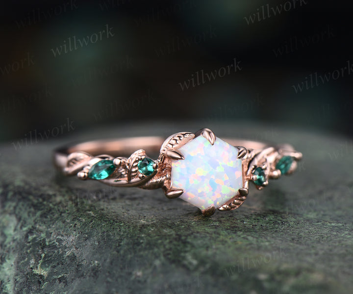 Unique hexange shape opal engagement ring twig emerald ring solid 14k rose gold nature inspired art deco marquise emerald ring October birthstone ring