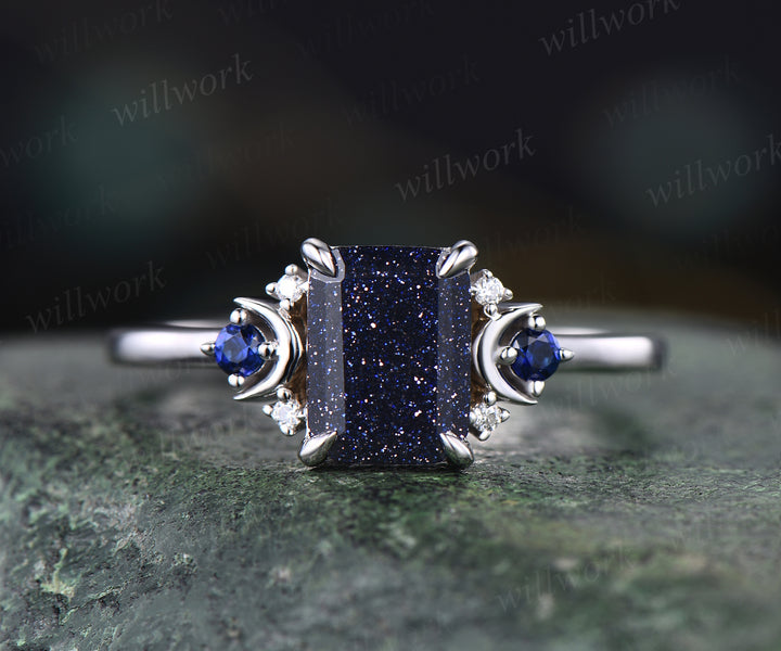 Vintage emerald cut blue sandstone engagement ring 14k white gold crescent ring sapphire cluster moon ring 7 stones ring for women anniversary gifts