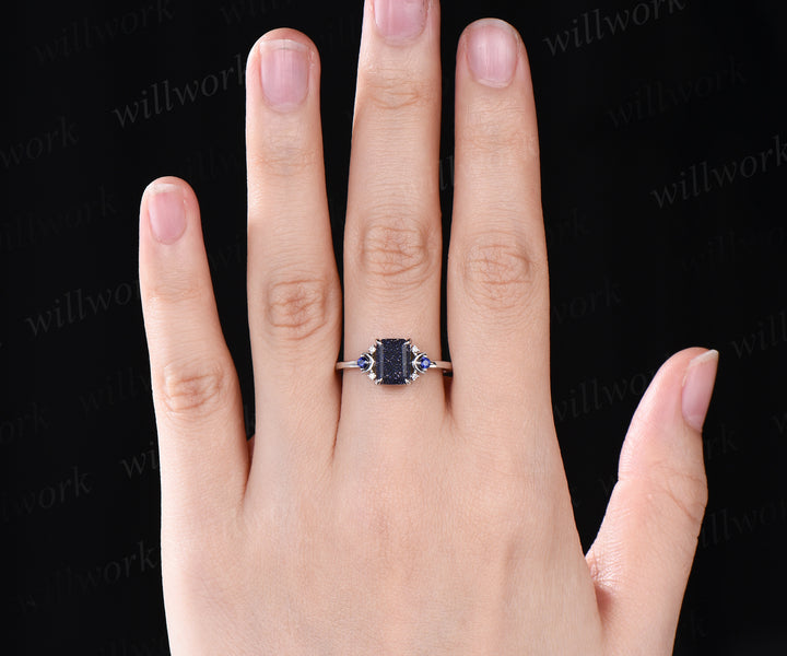 Vintage emerald cut blue sandstone engagement ring 14k white gold crescent ring sapphire cluster moon ring 7 stones ring for women anniversary gifts