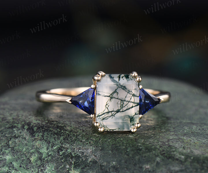 Vintage emerald cut moss agate engagement ring rose gold trillion cut sapphire ring unique bridal wedding ring jewelry gifts