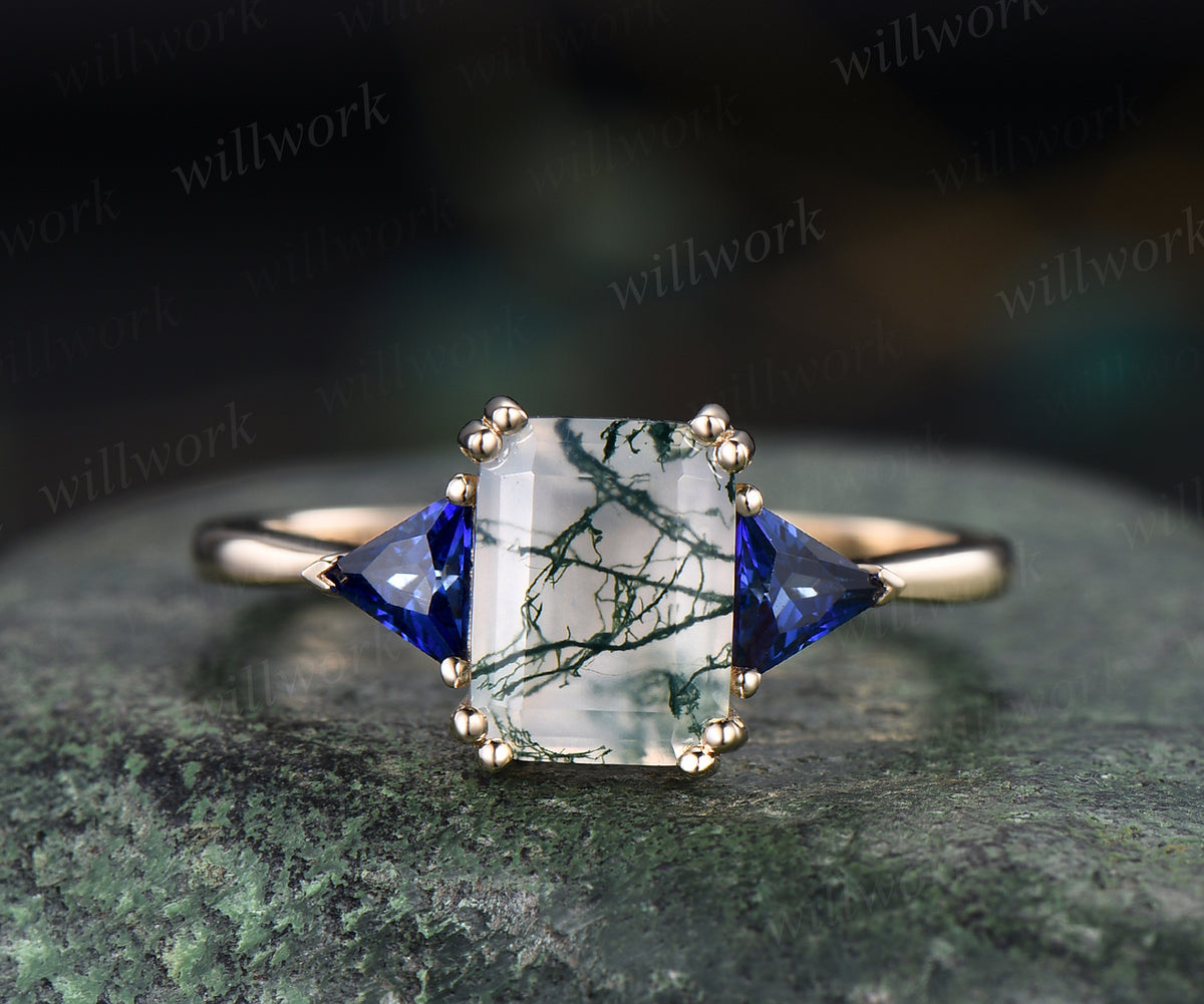 Vintage emerald cut moss agate engagement ring rose gold trillion cut sapphire bridal ring