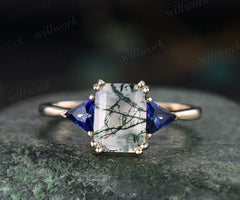 Vintage emerald cut moss agate engagement ring rose gold trillion cut sapphire ring unique bridal wedding ring jewelry gifts