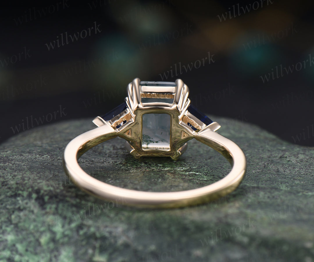Vintage emerald cut moss agate engagement ring rose gold trillion cut sapphire ring unique bridal wedding ring jewelry gifts