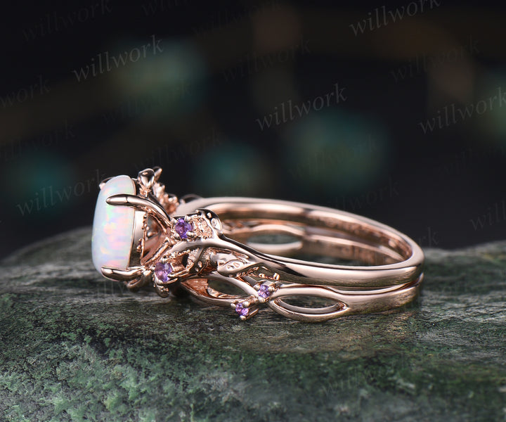 Opal engagement ring set dainty twig leaf opal amethysts ring infinity infinity split shank wedding band rose gold bridal set gifts for her