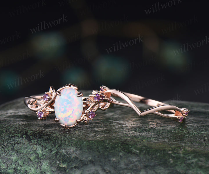 Opal engagement ring set dainty twig leaf opal amethysts ring infinity infinity split shank wedding band rose gold bridal set gifts for her