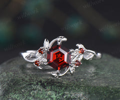 Natural red garnet engagement ring twig leaf hexagon shape garnet ring nature inspired wedding ring proposal ring January birthstone ring for women