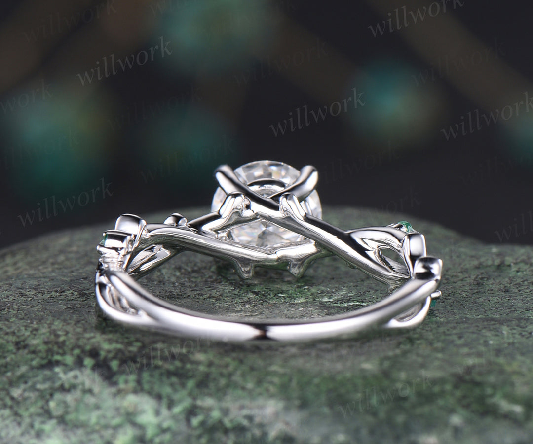 6.5mm round cut moissanite engagement ring 14k white gold five stone leaf branches diamond ring women unique nature inspired anniversary ring gift for her