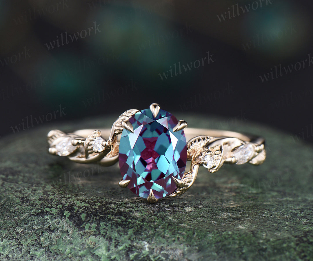 Oval cut Alexandrite engagement ring unique twig leaf ring nature inspired ring June birthstone  6 prongs ring for women anniversary gifts