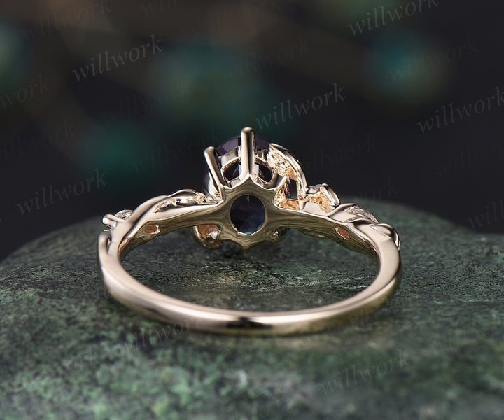 Oval cut Alexandrite engagement ring unique twig leaf ring nature inspired ring June birthstone  6 prongs ring for women anniversary gifts
