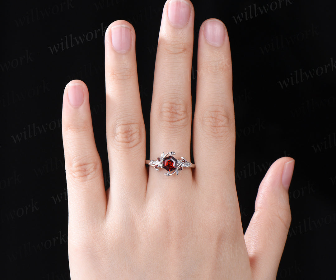 Natural red garnet engagement ring twig leaf hexagon shape garnet ring nature inspired wedding ring proposal ring January birthstone ring for women