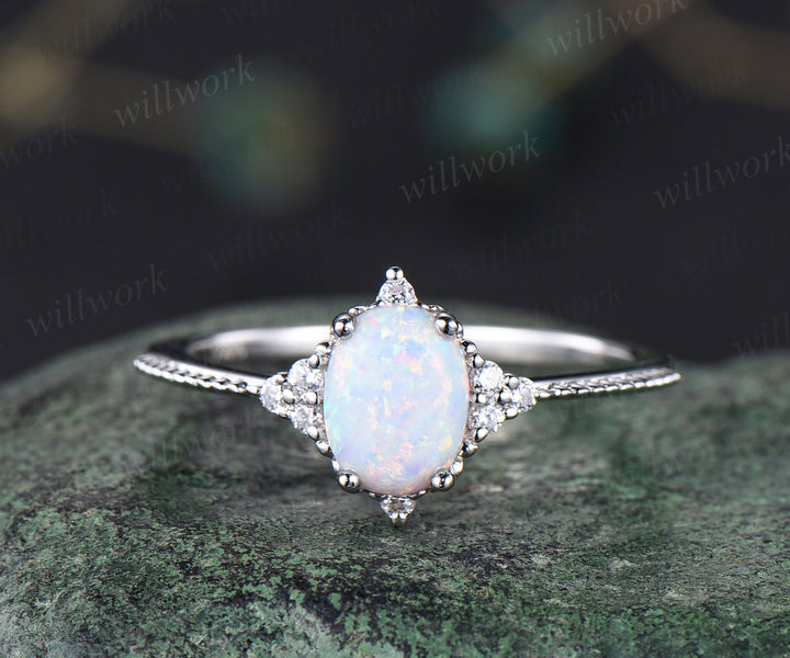Opal engagement ring set art deco moissanites ring dainty milgrain bridal ring October birthstone jewelry gifts