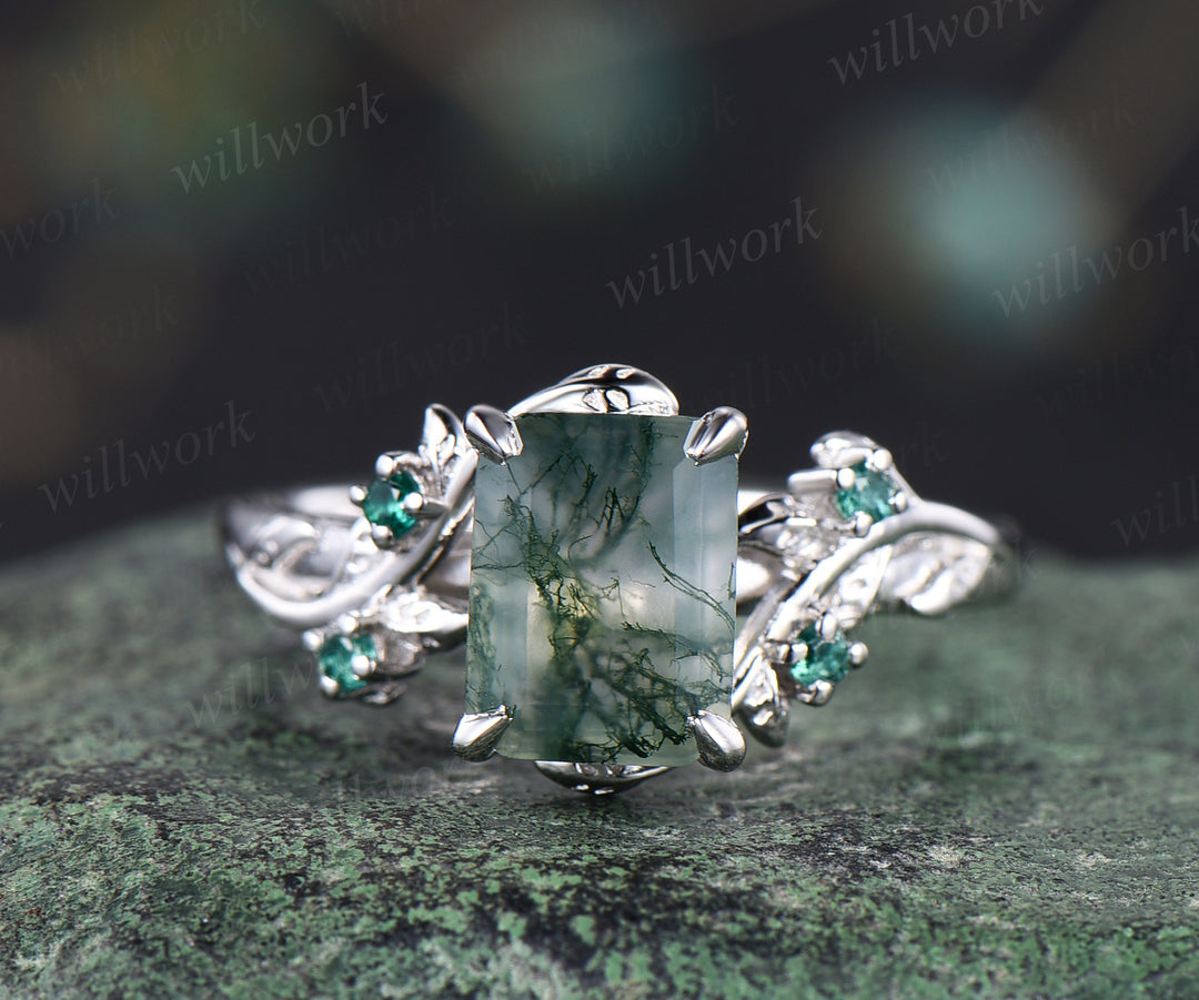 Green moss agate engagement ring unique emerald cut moss agate emerald wedding ring nature inspired leaf promise ring women gifts
