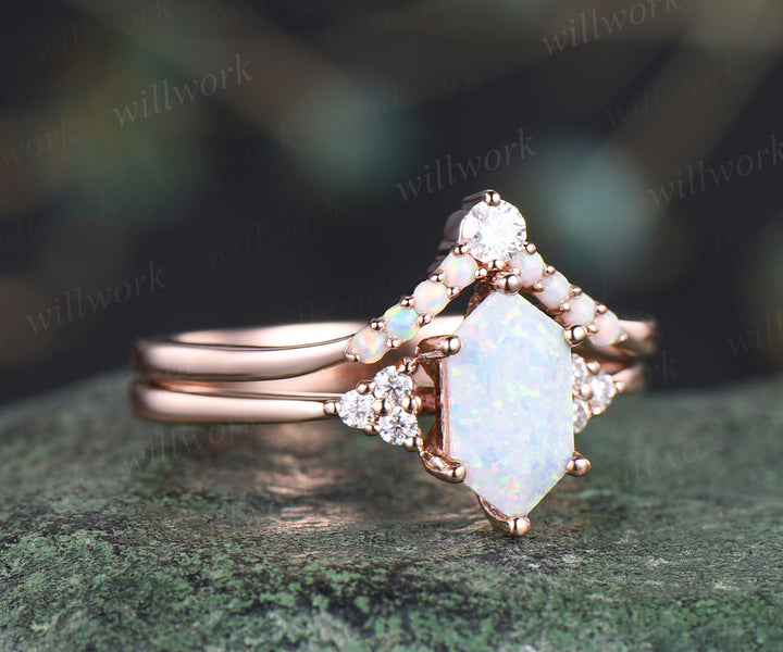 Elongated hexagon shape opal ring set unique white opal engagement ring art deco curved wedding band October birthstone jewelry bridal ring set