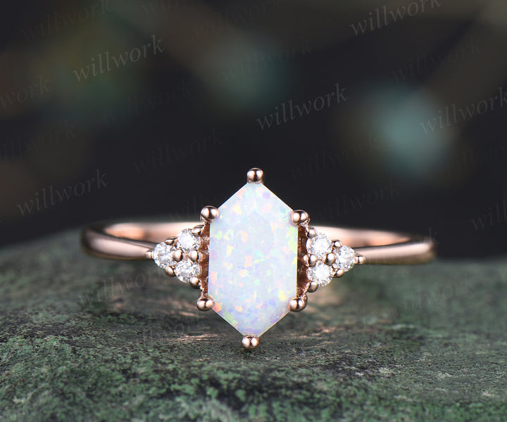 Elongated hexagon shape opal ring set unique white opal engagement ring art deco curved wedding band October birthstone jewelry bridal ring set