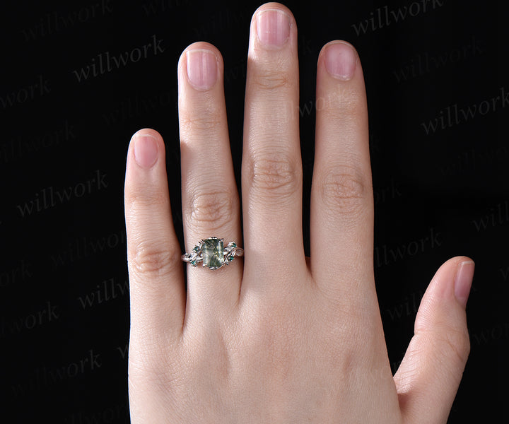 Green moss agate engagement ring unique emerald cut moss agate emerald wedding ring nature inspired leaf promise ring women gifts