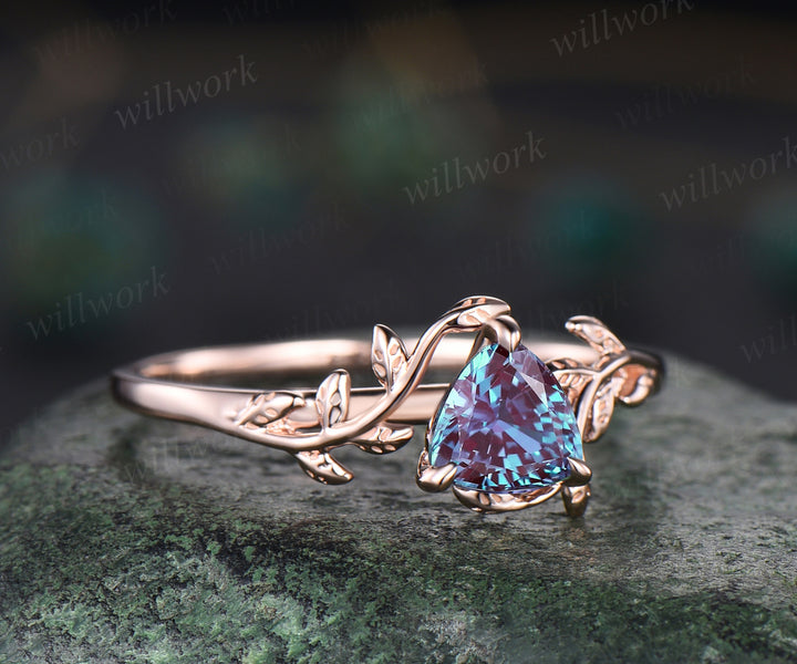 Unique alexandrite engagement ring 14k rose gold nature inspiration leaf ring art deco promise ring anniversary gifts for women