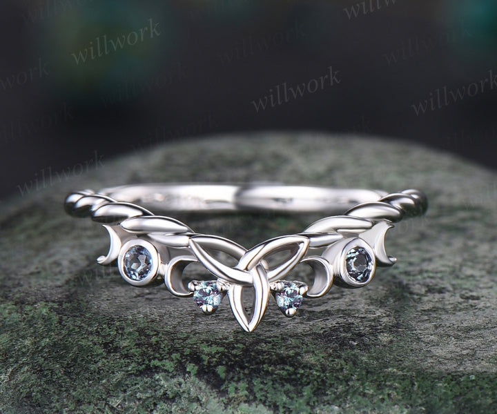 Alexandrite wedding band unique twisted color change gemstone ring for women celtic knot moon white gold wedding ring band unique bridal ring