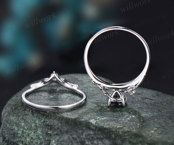 Pear cut Alexandrite engagement ring set white gold twig leaf color change gemstone ring moonstone wedding band birthstone ring bridal set