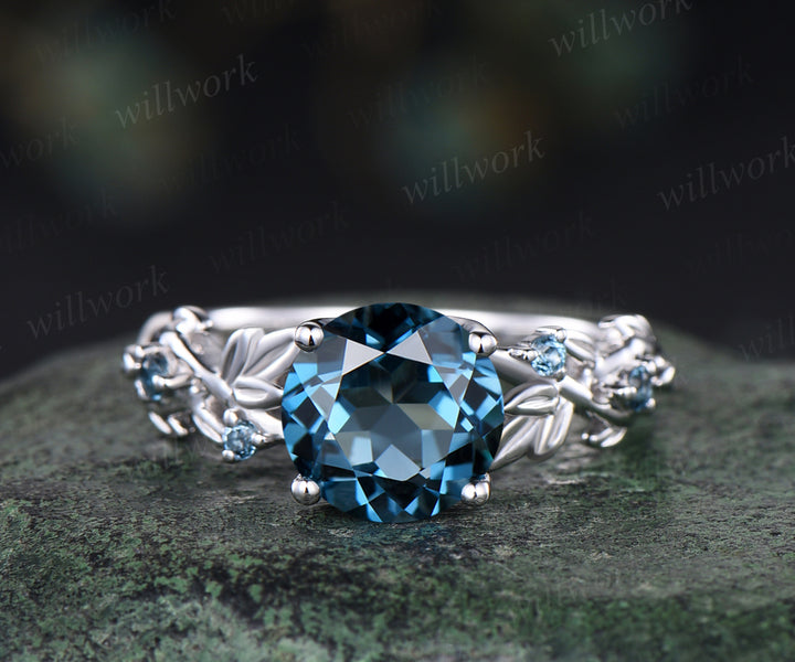 8mm round London blue topaz engagement ring twig leaf solid 14k white 5 stones ring December birthstone ring wedding anniversary bridal gift