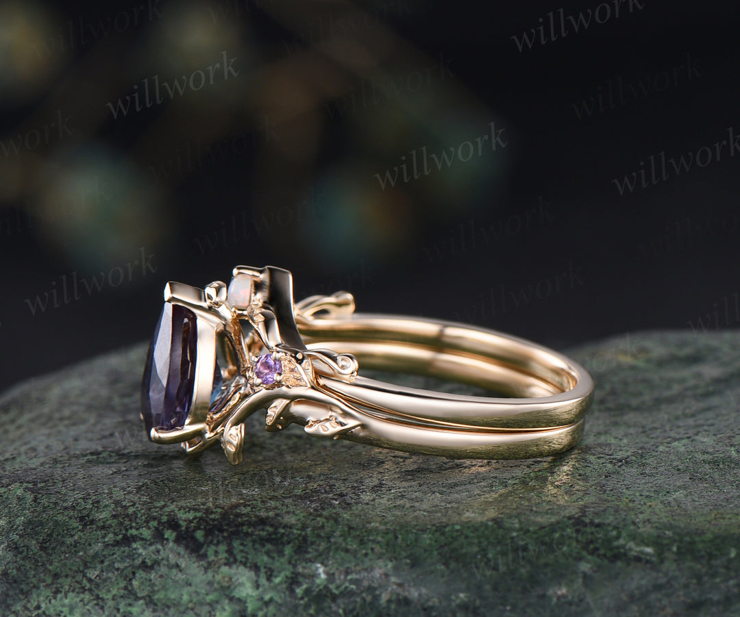 Teardrop Alexandrite engagement ring set nature inspired twig leaf color change gemstone amethyst ring opal wedding band birthstone ring bridal set