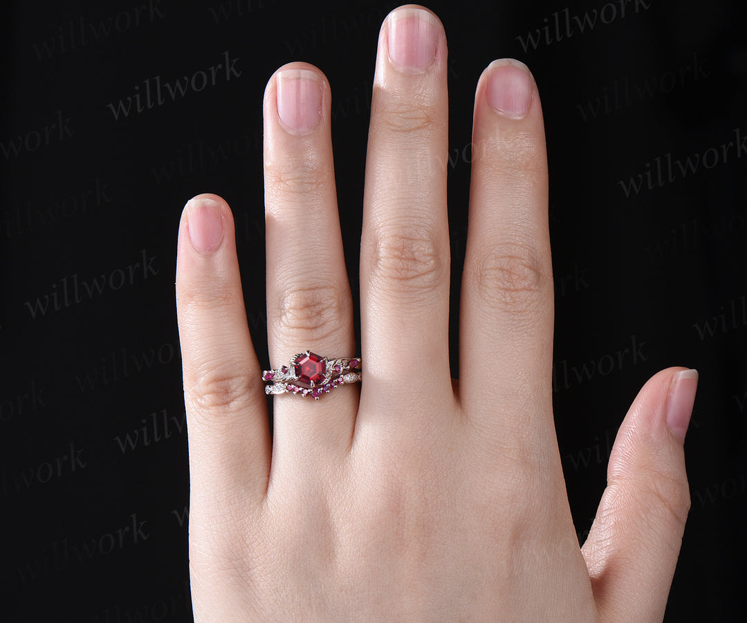 Unique ruby engagement ring set hexagon ruby leaf ring set vintage art deco moissanite wedding band 14k white gold ring for women