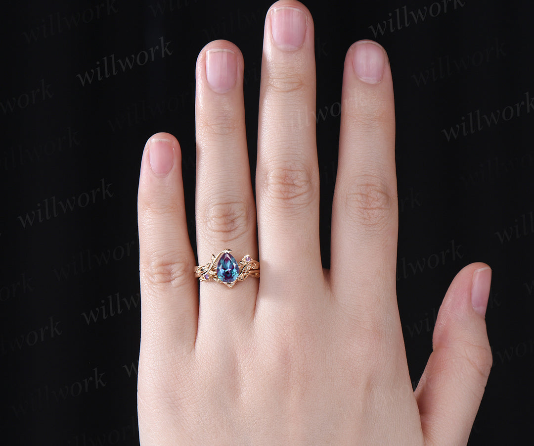 Teardrop Alexandrite engagement ring set nature inspired twig leaf color change gemstone amethyst ring opal wedding band birthstone ring bridal set