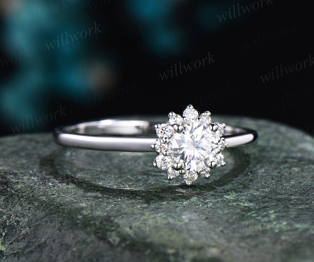 Dainty 5mm moissanite ring vintage round moissanite engagement ring  solid 14k white gold sunflower halo diamonds ring bridal gifts