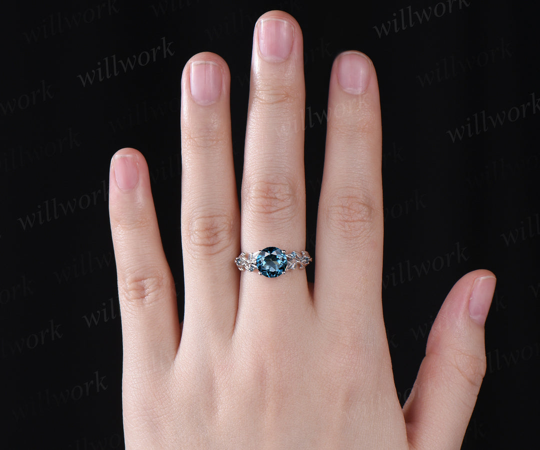 8mm round London blue topaz engagement ring twig leaf solid 14k white 5 stones ring December birthstone ring wedding anniversary bridal gift