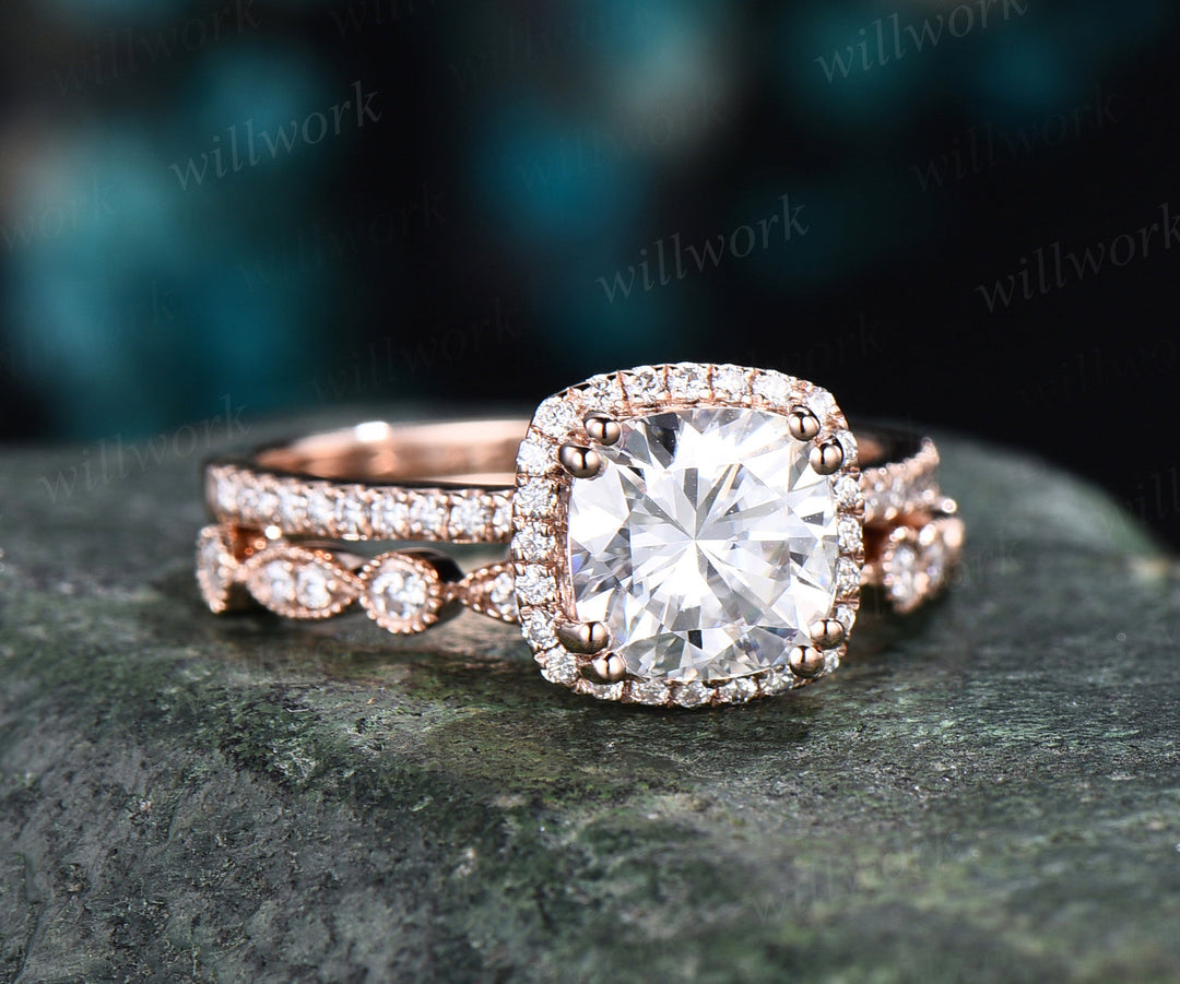 Vintage cushion cut moissanite engagement ring set rose gold half