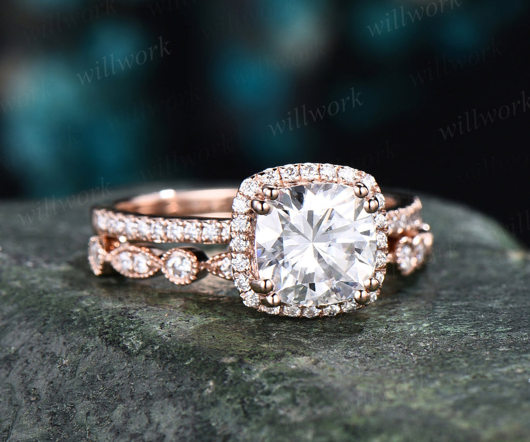 Vintage cushion cut moissanite engagement ring set rose gold half eternity halo ring art deco diamonds wedding band anniversary ring gifts for her