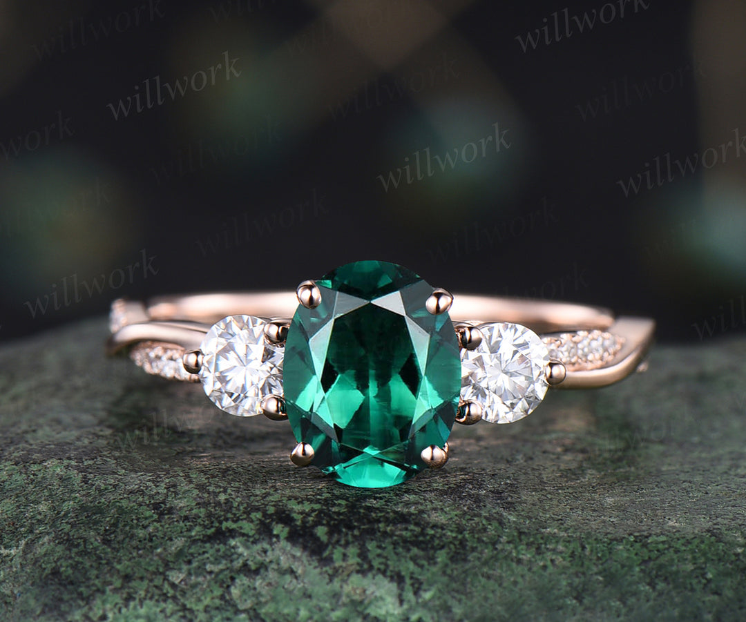 Unique oval emerald engagement ring 14k rose gold twisted moissanites ring flower May birthstone promise wedding ring for women